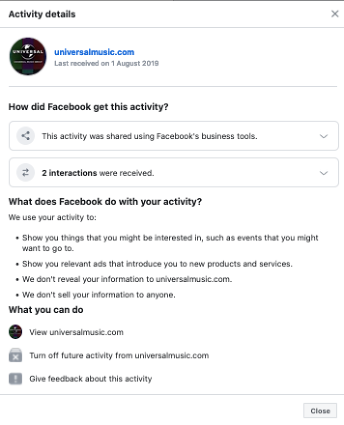 UMG off Facebook activity