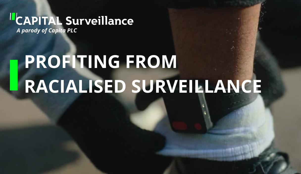Ankle tag with "Profiting from racialised surveillance" overtext