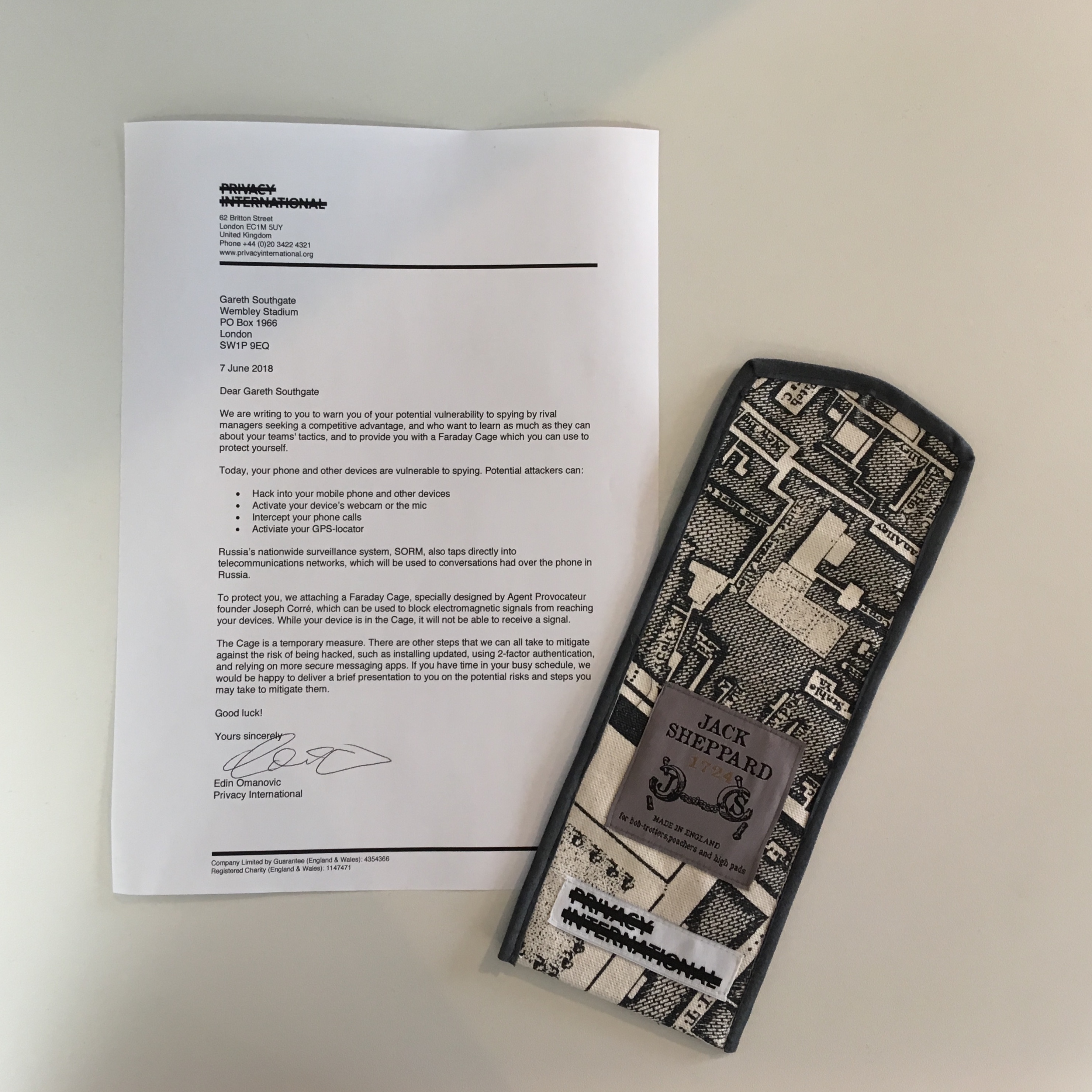 Letter to Gareth Southgate and Faraday cage
