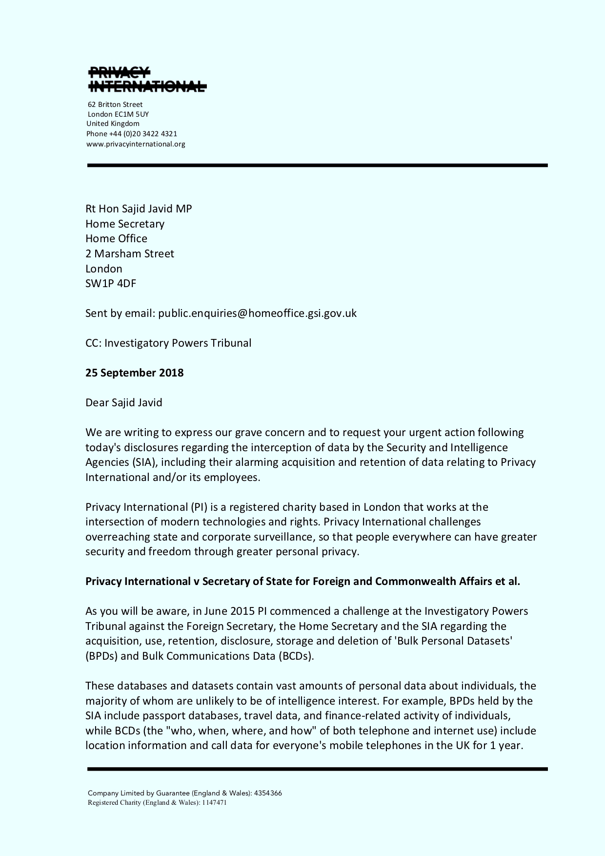 Letter to Home Secretary