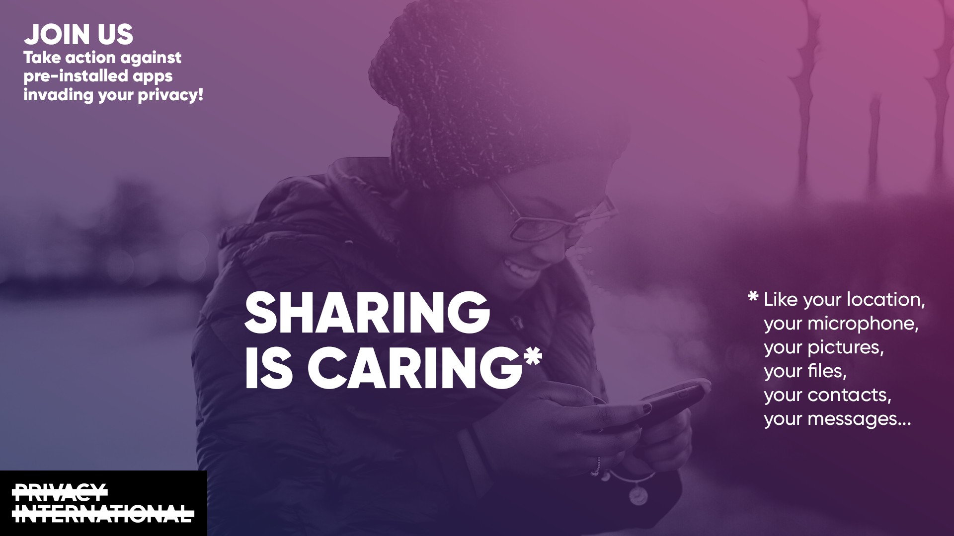 A mock phone advert with "Sharing is Caring" as a tagline