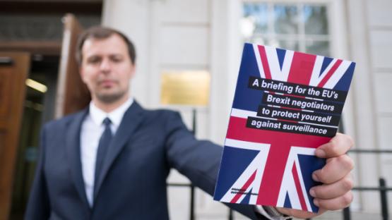 Man holding Brexit leaflet