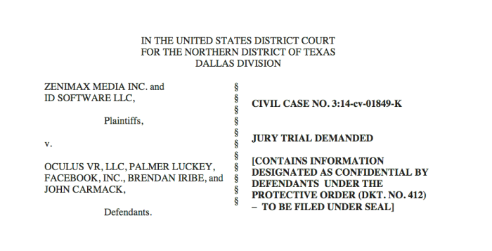 Screen-capture of ZeniMax lawsuit against Oculus.