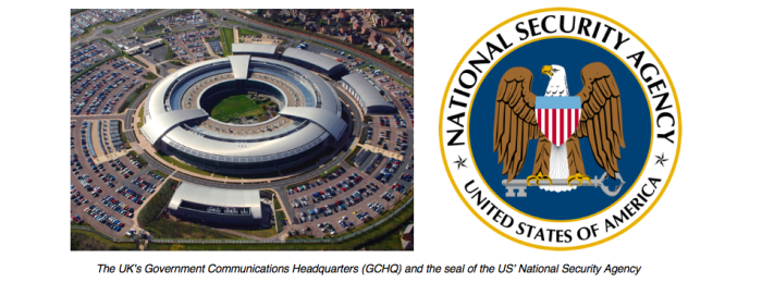 GCHQ building and NSA logo