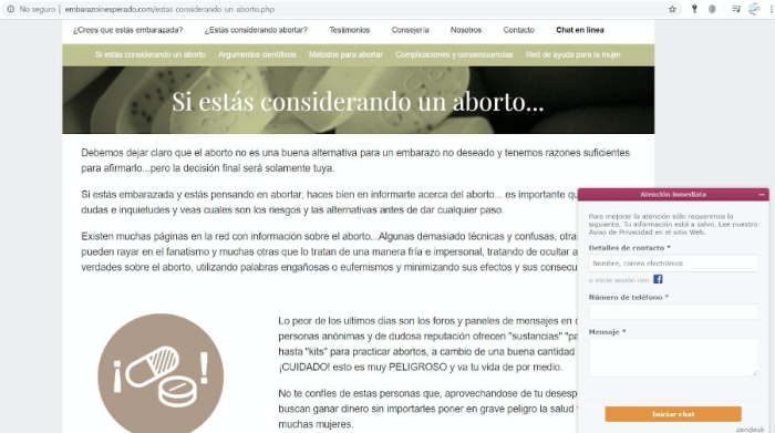 Screenshot of anti-abortion website