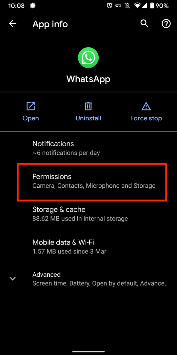 Whatsapp permissions in Android