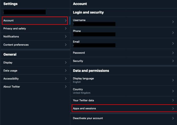 Screenshot of twitter settings to access your current sessions