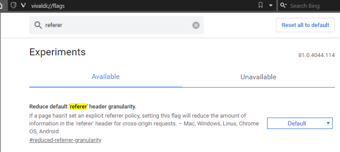 vivaldi://flags page after typing "referer"