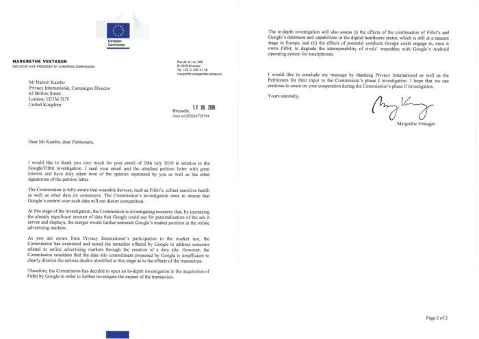 Thank you letter from Margrethe Vestager