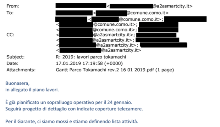 Screenshot of email exchange between A2A Smart City and the Municipality of Como