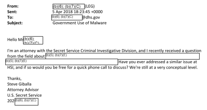 Email exchange between USSS and ICE.