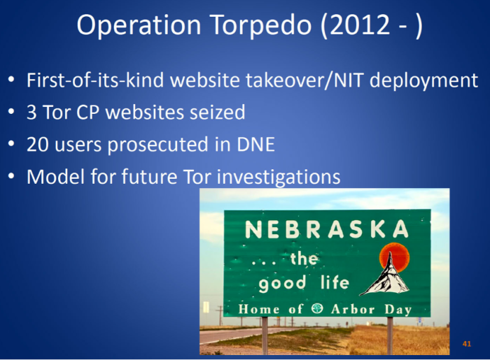 Screenshot of Powerpoint presentation hailing Operation Torpedo as a “model” for future Tor investigations.