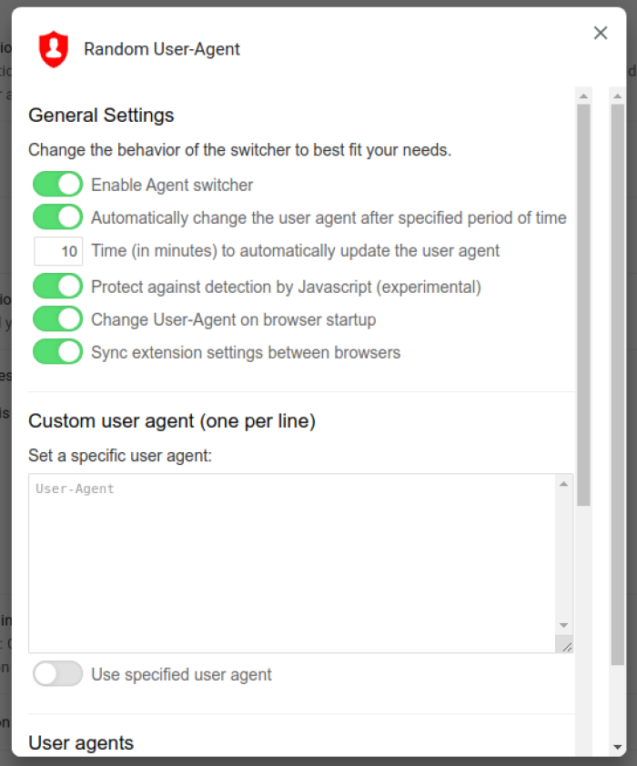 Fig. 5: Página de configuraciones de Random User Agent: *Time (in minutes) to automatically update the user agent* (Tiempo (en minutos) para actualizar automáticamente el agente de usuario)