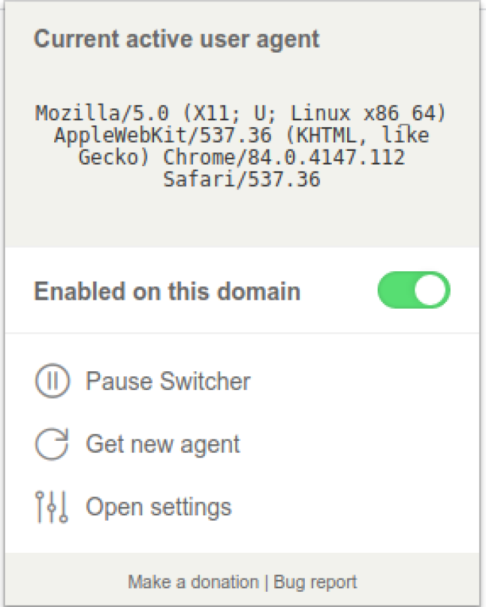 Fig. 4: Interfaz emergente de Random User Agent: *Enabled on this domain* (activado en este dominio), *Pause Switcher* (pausar conmutador)