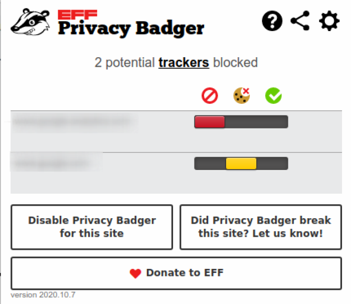 Privacy Badger pop-up interface