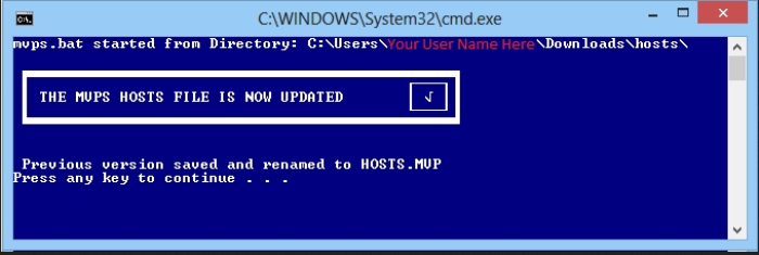 Fig. 3: Notificación de instalación: El archivo de hosts de MVPS ha sido actualizado (*The MVPS hosts file is now updated*)
