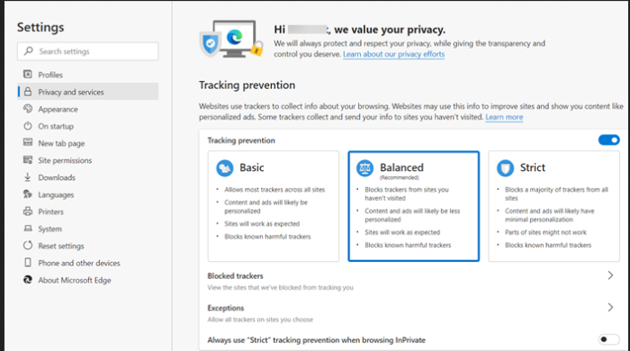 Menú de configuración de Edge