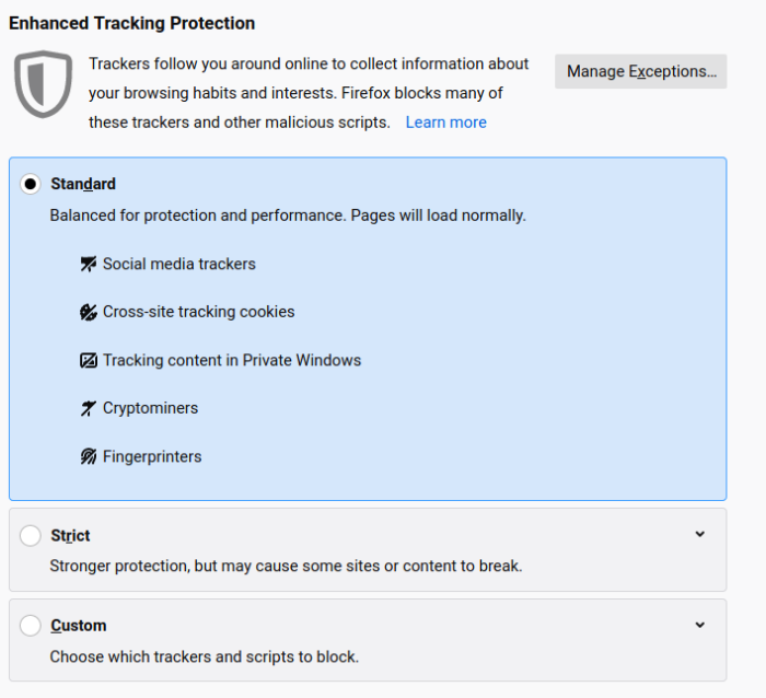 Fig. 2: Firefox Tracking Protection settings