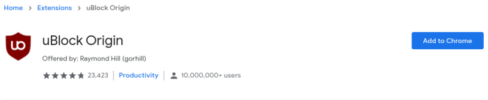 Chrome store page to download uBlock Origin