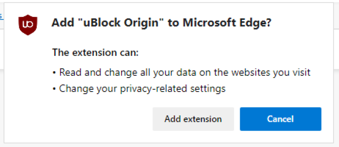 Prompt to Add uBlock Origin to Edge