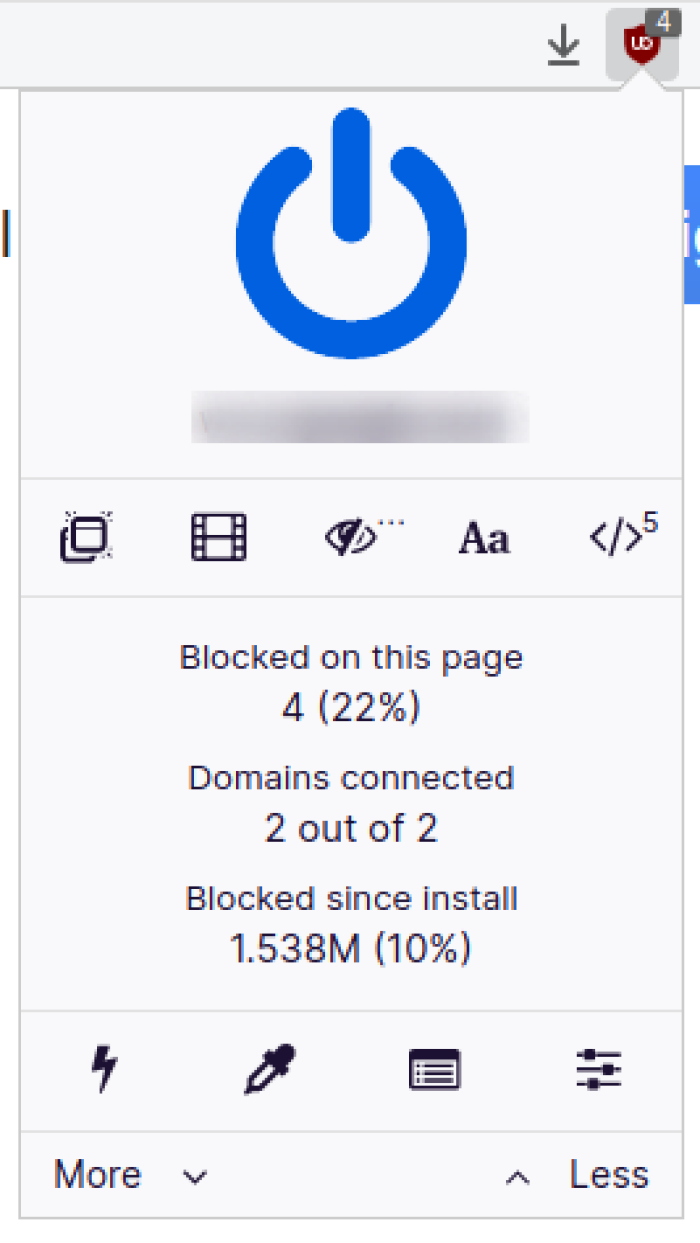 Interfaz emergente de uBlock Origin