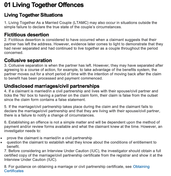 Screenshot of the DWP guide detailing Living Together Offences