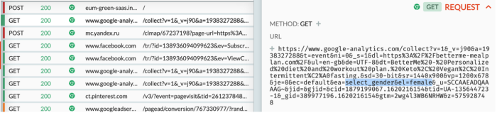 On this picture, we see the selection of female as gender being contained in a URL accessed by Google analytics