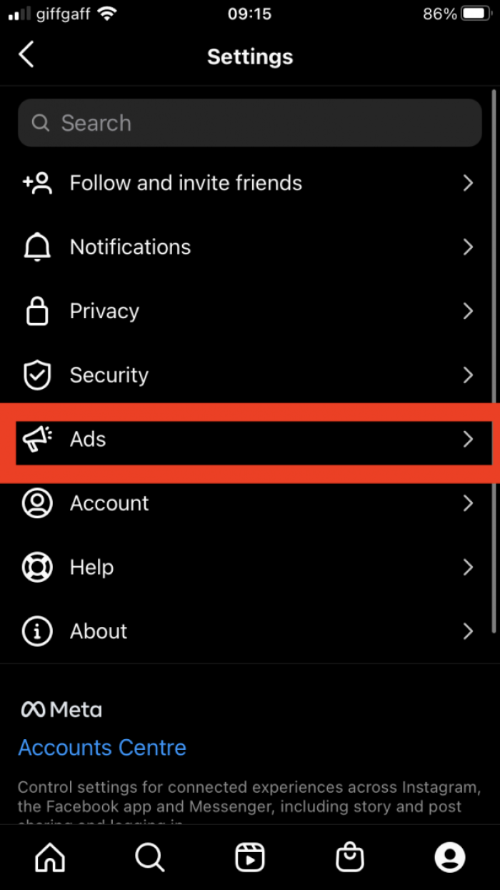 1. Navigate to Settings. Scroll down and click on ads.