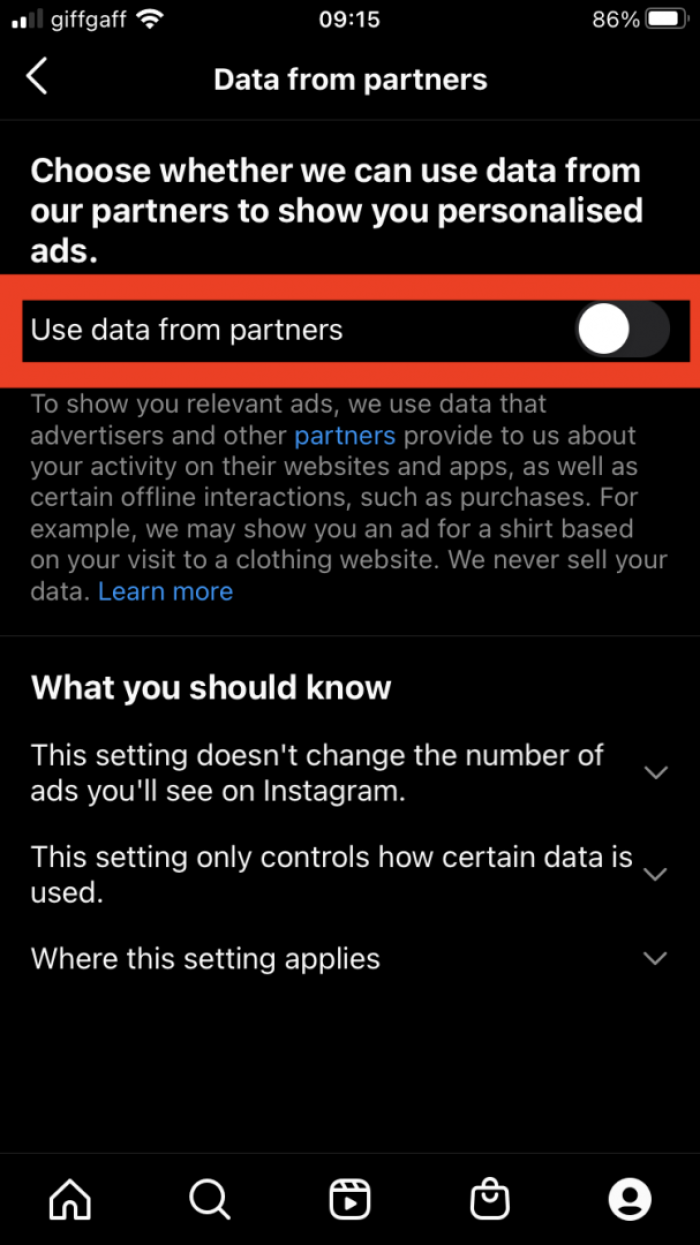 3. Toggle the button next to "Use data from partners" to grey