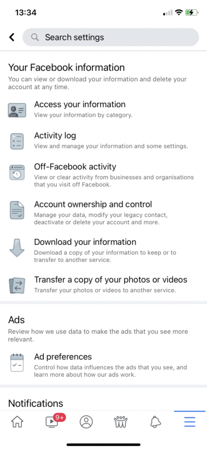 image showing where to find your information on Facebook App