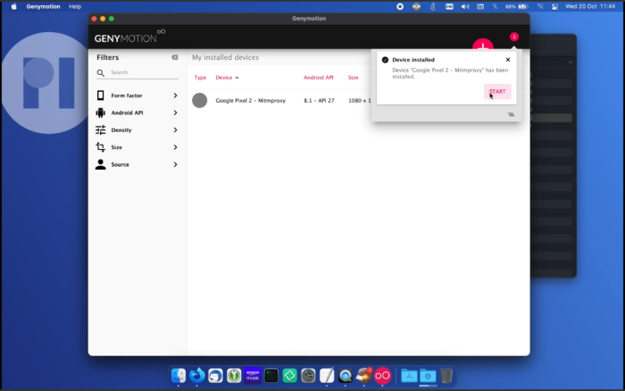 A cursor pressing the ‘start’ button on a newly installed device in Genymotion