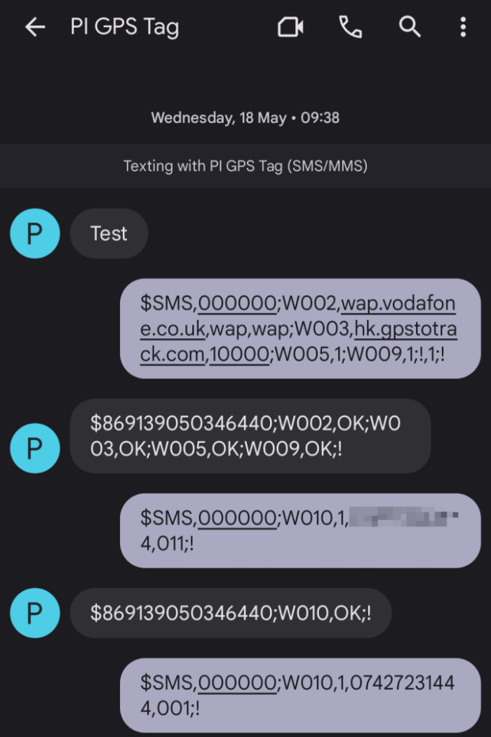 Screenshot of SMS exchange with tag server