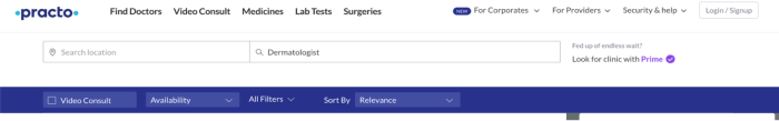 A screenshot of Practo's website showing the search function for video consultations