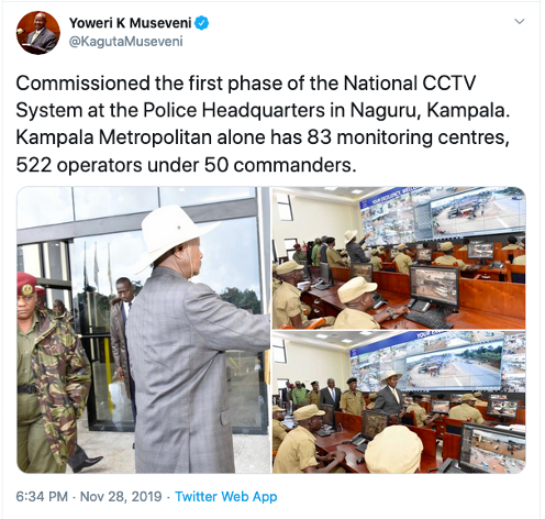 Screen shot of President Museveni's twitter: Commissioned the first phase of the National CCTV System at the Police Headquarters in Naguru, Kampala. Kampala Metropolitan alone has 83 monitoring centres, 522 operators under 50 commanders.