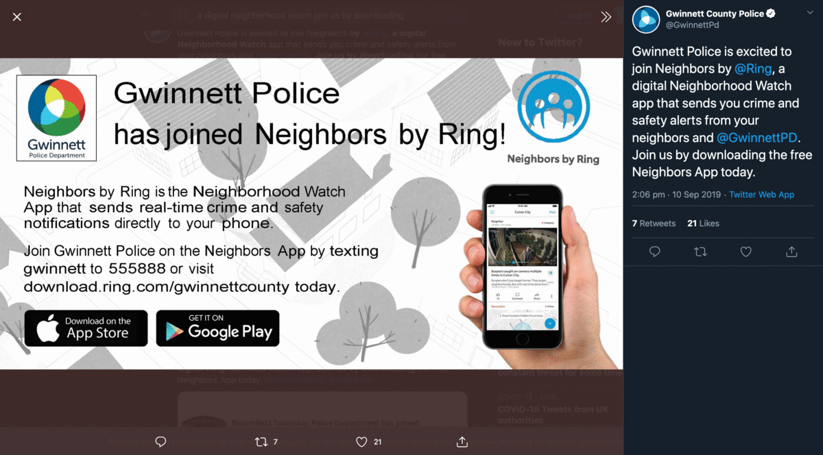 A sample of tweets from US police forces announcing partnerships with Ring. Source: Twitter