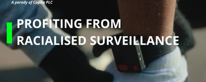 Image of a GPS tag on ankle with text PROFILING FROM RACIALISED SURVEILLANCE