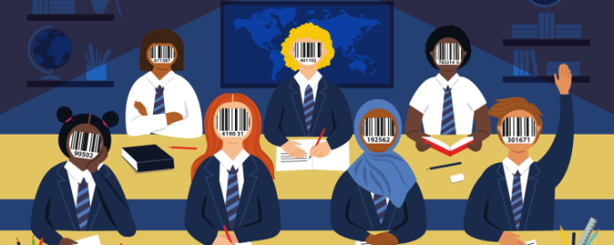 Children with barcodes for faces sitting in a classroom under a camera