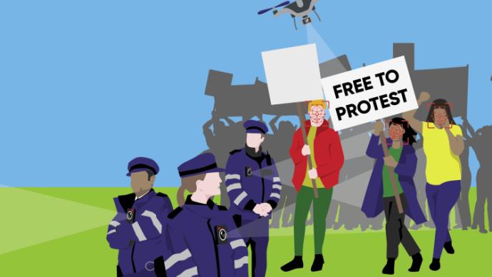 Free to Protest graphic - illustration of protest scene