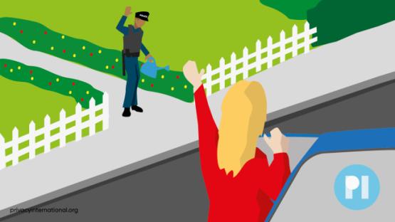 person dressed as police officer greeting neighbour