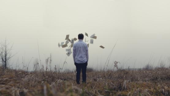 Man brack to the camera, in a landscape, looking at pages flying in fronts of him