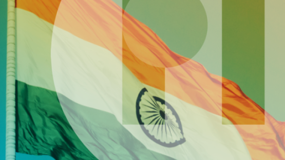 PI's logo transposed over an Indian flag fluttering in the breeze