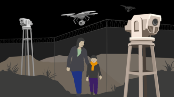 illustration of mother and child being spied on by drones and camera