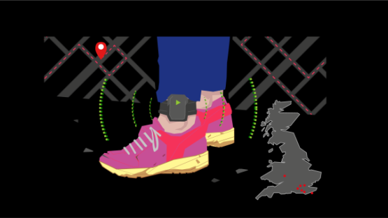 Image of ankle GPS tag and UK map