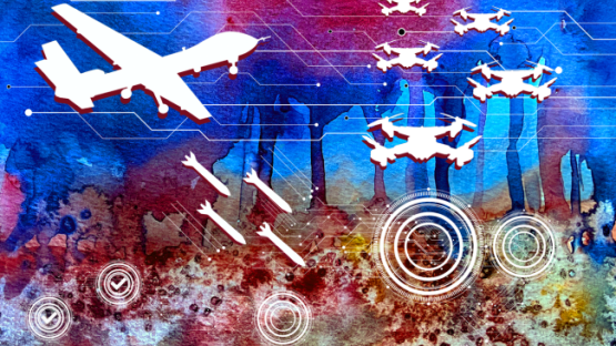 Planes, drones, and bombs dropping on a multicoloured landscape
