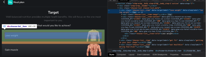 The HTML code for the body type button doesn’t display an equivalent data field that could be used to collect and process the information