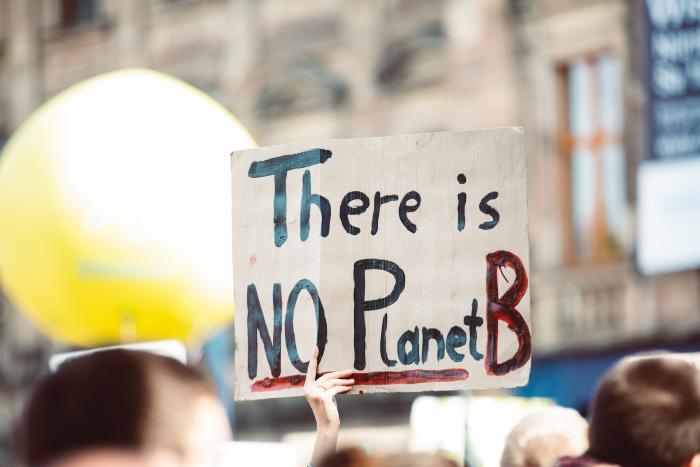 A protester holding a placard "There is no planet B"