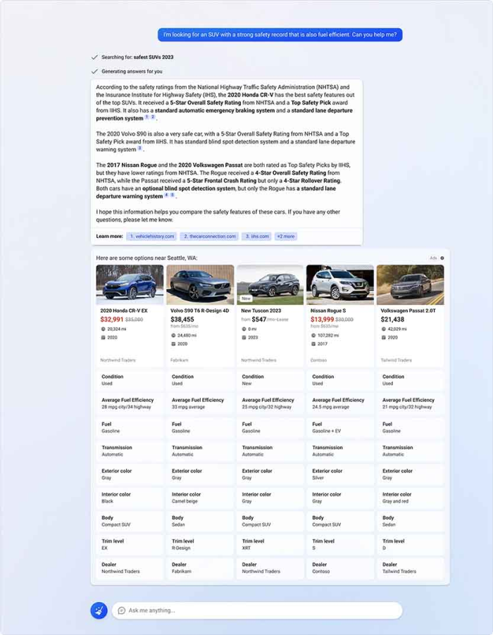 Screenshot of Microsoft's Compre & Decide Ads demo with the example of a user asking for SUVs with a strong safety record, and the chatbot answering the question followed by a table comparing five SUVs and their prices and other metrics.