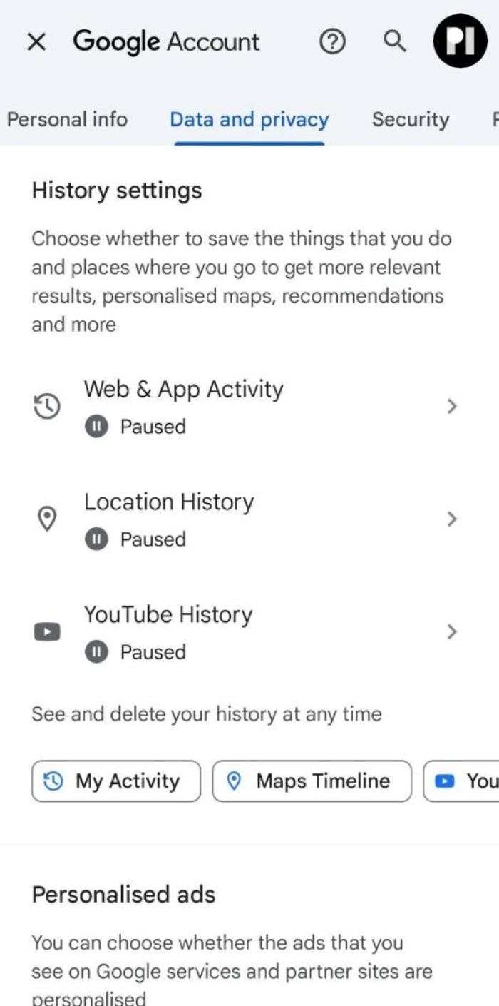 Google account location history settings.