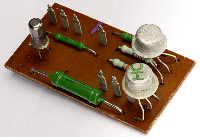 A Discrete diode-transistor logic printed circuit modules manufactured in the German Democratic Republic, back in the 1960s. A non-printed circuit board with a number of discrete components on it