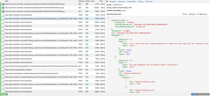 Screenshot of Flo data in the DIE of chatbot outputs, a unique 'id' has been assigned to the chat, included in the data is text such as "Are you diagnosed with any mental health conditions?"